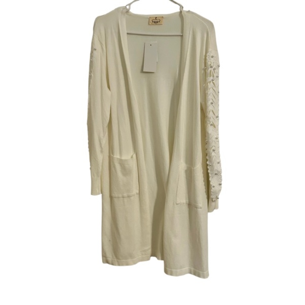 Cream Open Front Cardigan with Embellished Sleeves